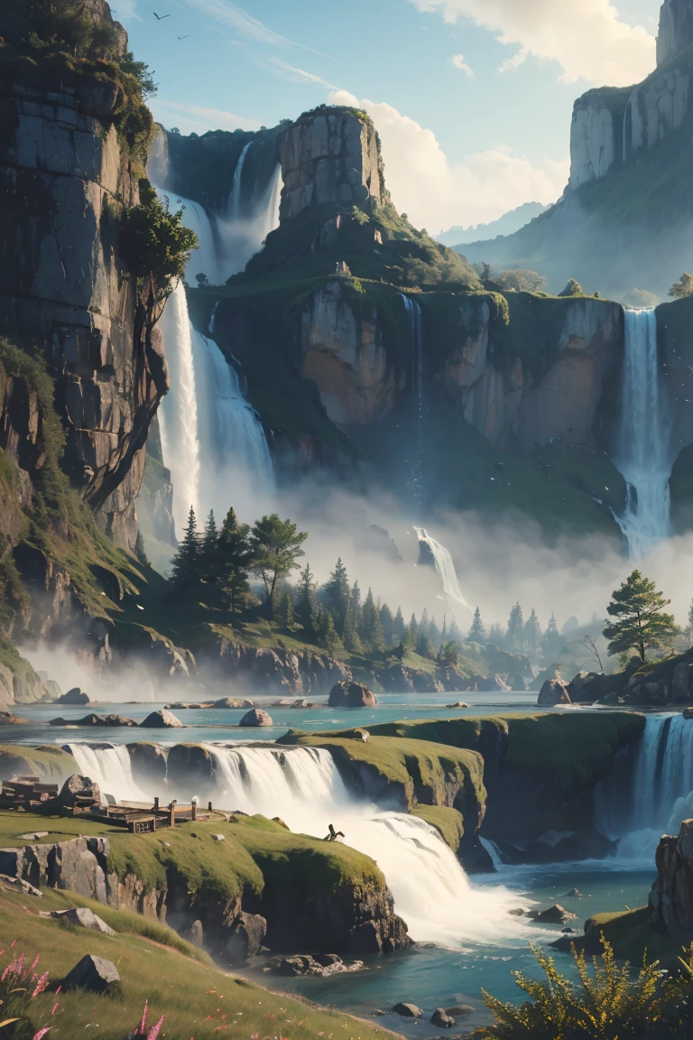 A close up of a waterfall with a mountain in the background - SeaArt AI