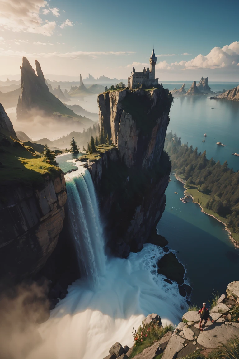 Cliff overlooking the waterfall, Several arched stones at the top, Matte Painting 8K, Matte Paint 8K, Vertical wallpaper 8K, Vertical wallpaper 8K, Vertical wallpaper 4K, Vertical wallpaper 4K, Lost Series, Realistic fantasy rendering, 8k resolution digital painting, 8k resolution digital painting,  jessica rossier fantasy art, 4K rendered matte paint, 3D rendered matte paint