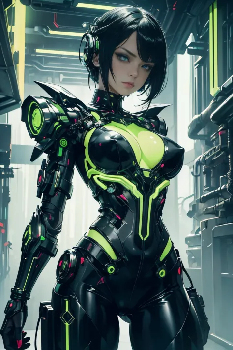 Beautiful Alluring Cyborg cybergoth female,Metal Chrome Bare Skin, Athletic Well Toned Body, exposed green fluorescent mechanica...
