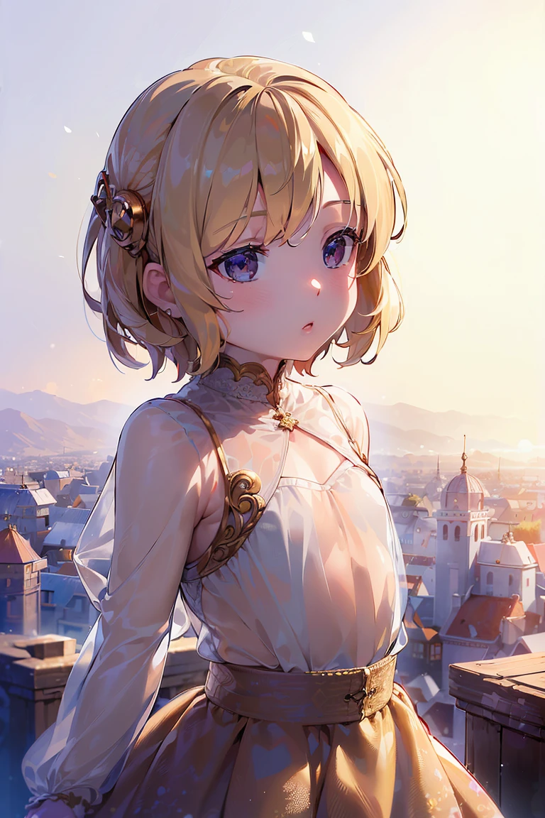 (8K, Realistic, Photorealsitic:1.5), masutepiece, Best Quality, High resolution, Extremely detailed, Detailed background, Cinematic lighting，fansty world， 1 child，flat chest，small stature，child of god ，cream eyes，Light blonde hair, (Yellow mesh）