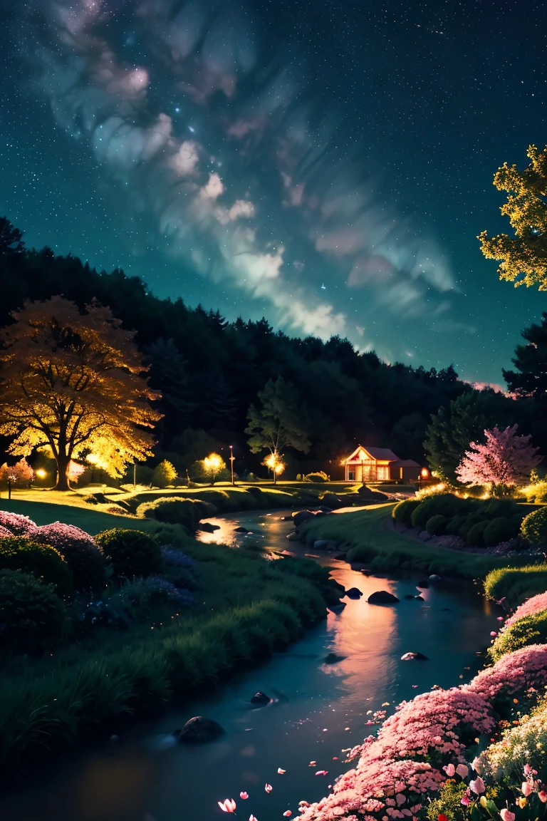 (cena de sobreposição de fluxo verde lindo céu noturno mágico), (skyporn), (nuvens), iluminação suave, limpar o fundo, cenário bonito, mesa, alta qualidade, Belos gráficos, alto detalhamento, Paisagens épicas, jardim, flores, nuvens, (noite céu estrelado, rio atrás, enorme e velha árvore atrás, Pétalas cor de rosa que brilham nas costas caem)