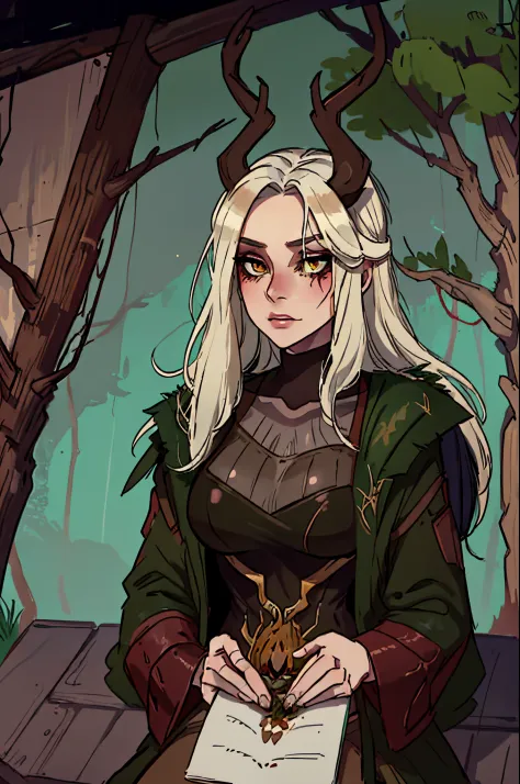 Masterpiece, best quality, portrait, female, olive skin, dark hair, very large deer antlers, female leshen from witcher tales, beautiful, forest background, bone jewelry, rustic coffee color clothes decorated with bones and death deer skulls, ripped, death...