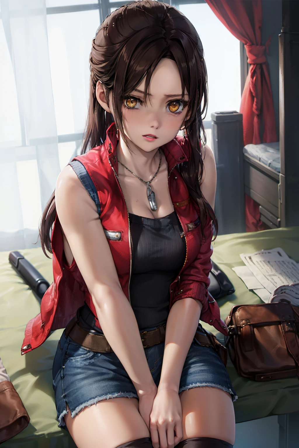 dessus de la table, Meilleure qualité, 1 fille dans, (Claire Redfield), cheveux bruns, (les yeux jaunes:1.2),(veste sans manches)、((Minijupe en jean))、((chaussettes noires))、((Chambre à coucher))、cheveux longs、queue de cheval、((Vêtements d&#39;extérieur tricotés))