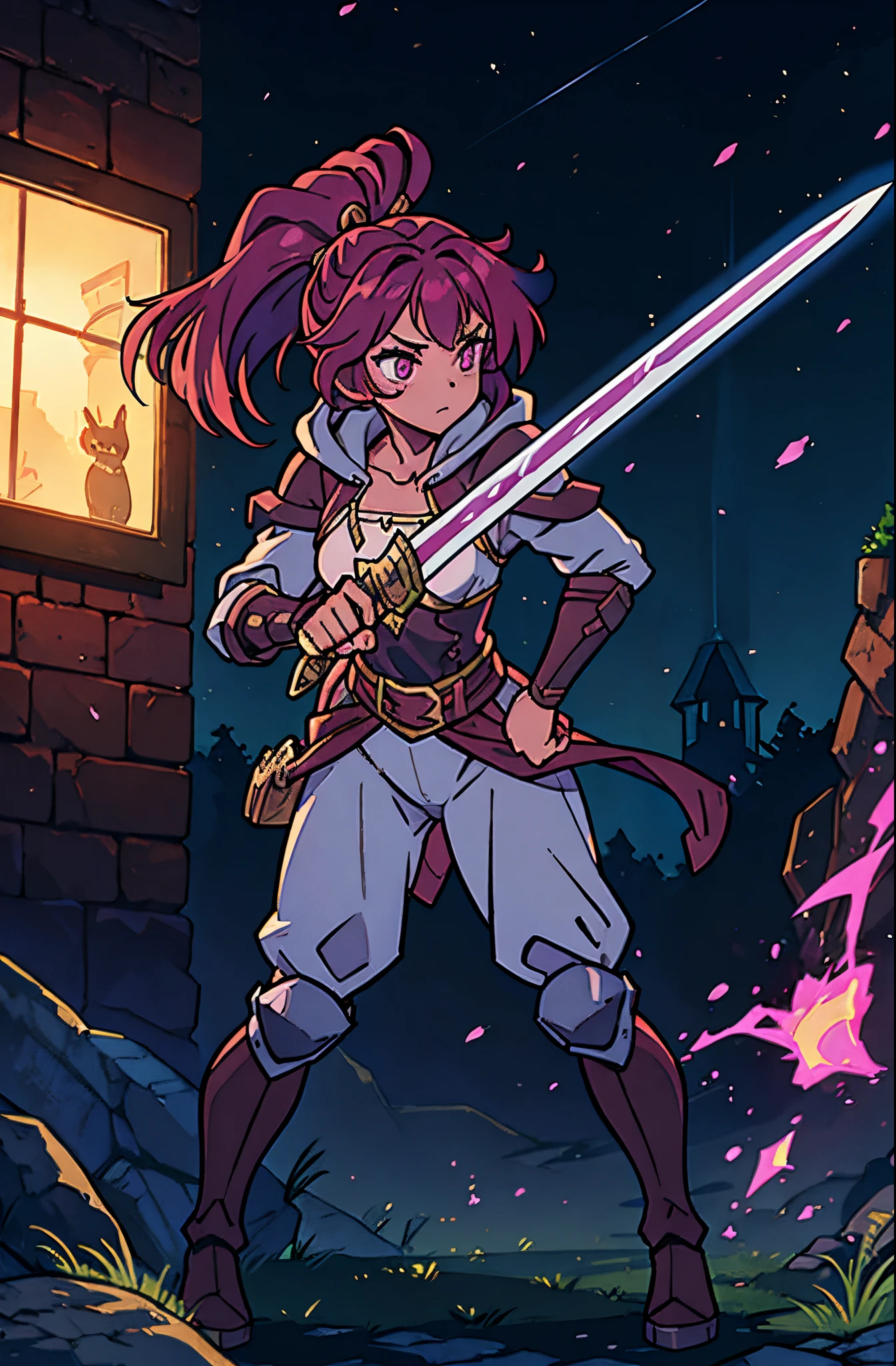 brown skin girl. Her figure, busty, curvy, proper direction, bunny ears, cat tail, Magenta hair color, dark magenta eyes, brown skin, sword in hand, large ragged cloth like cape wrapped around waist, chest armor, gauntlet, black long sleeve shirt under armor, chest armor, hoodie, properly drawn sword, magic sword, cloth wrapped around her waist, properly drawn sword in hand, bunny ears, cat's tail digital painting, digital illustration, extreme detail, digital art, Knight Armor, baggy puffy pants, metal boots, fully armored. cloth wrapped around her waist. Hold a sword. Baggy pants.