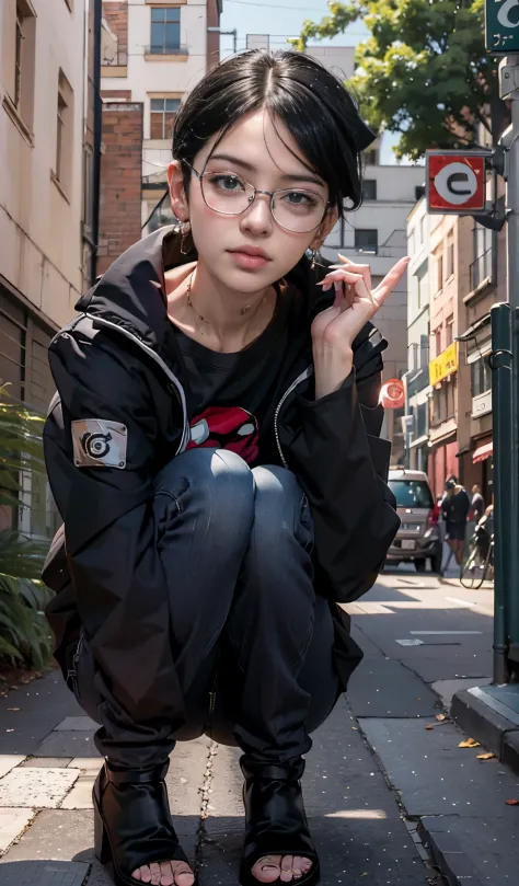 Sarada Uchiha in glasses and a black jacket crouches on a step, Art not Guweiz style, Estilo de anime 3D realista, Guweiz, the a...
