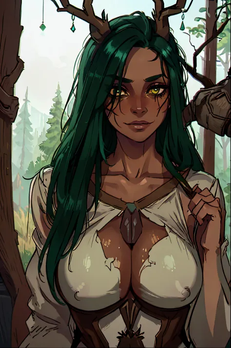 Masterpiece, best quality, portrait, female, dark skin, green hair, very large deer antlers, female leshen from witcher tales, beautiful, forest background, bone jewelry, rustic coffee color clothes decorated with bones and death deer skulls, ripped, death...