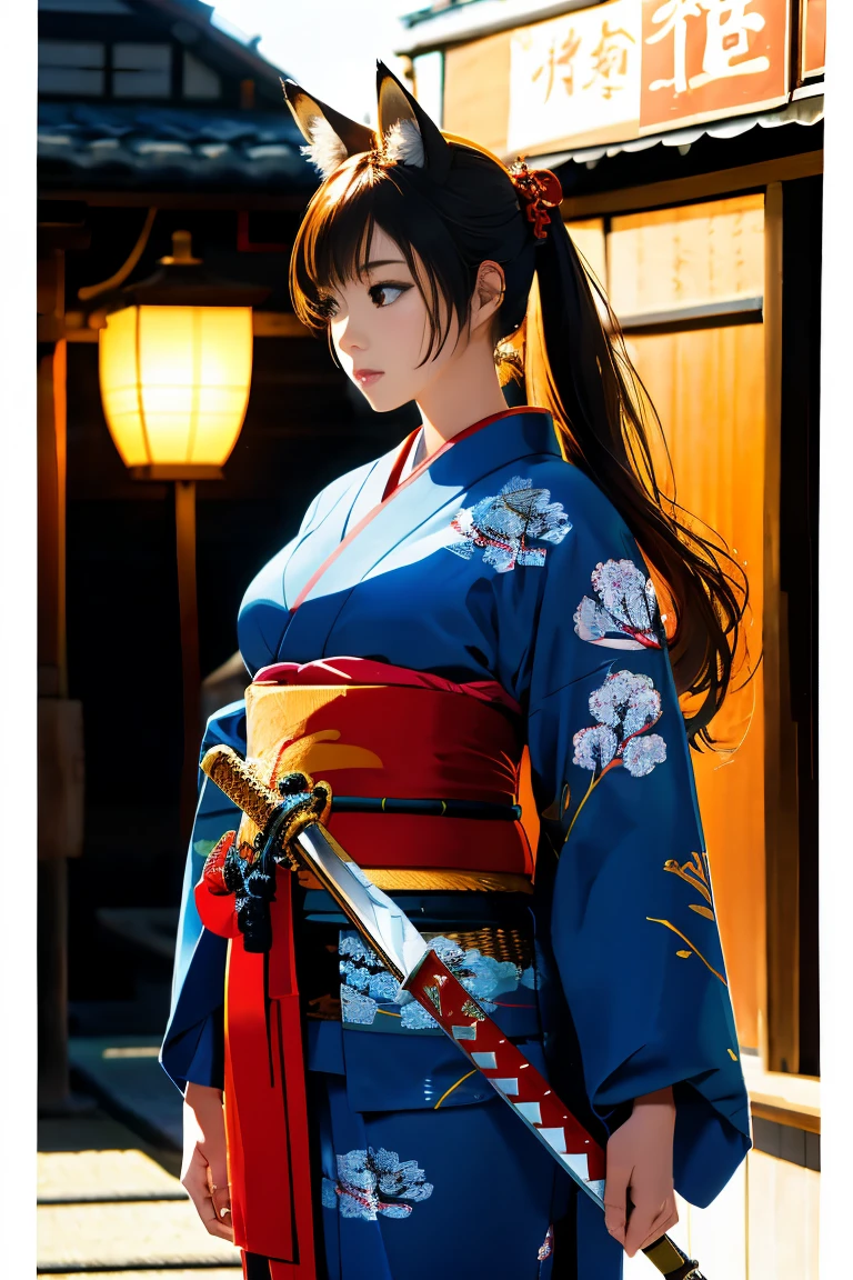 (((Looking away:1))), ((Look at another one:1)), fox incarnation、Sexy Female Warrior、Japan Yokai、Sexy fox female warrior with a Japanese sword、Fox ears、A figure holding a beautiful sword、(Transparent Japanese clothing)、