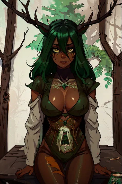 Masterpiece, best quality, portrait, female, dark skin, green hair, very large deer antlers, female leshen from witcher tales, beautiful, forest background, bone jewelry, rustic coffee color clothes decorated with bones and death deer skulls, ripped, death...