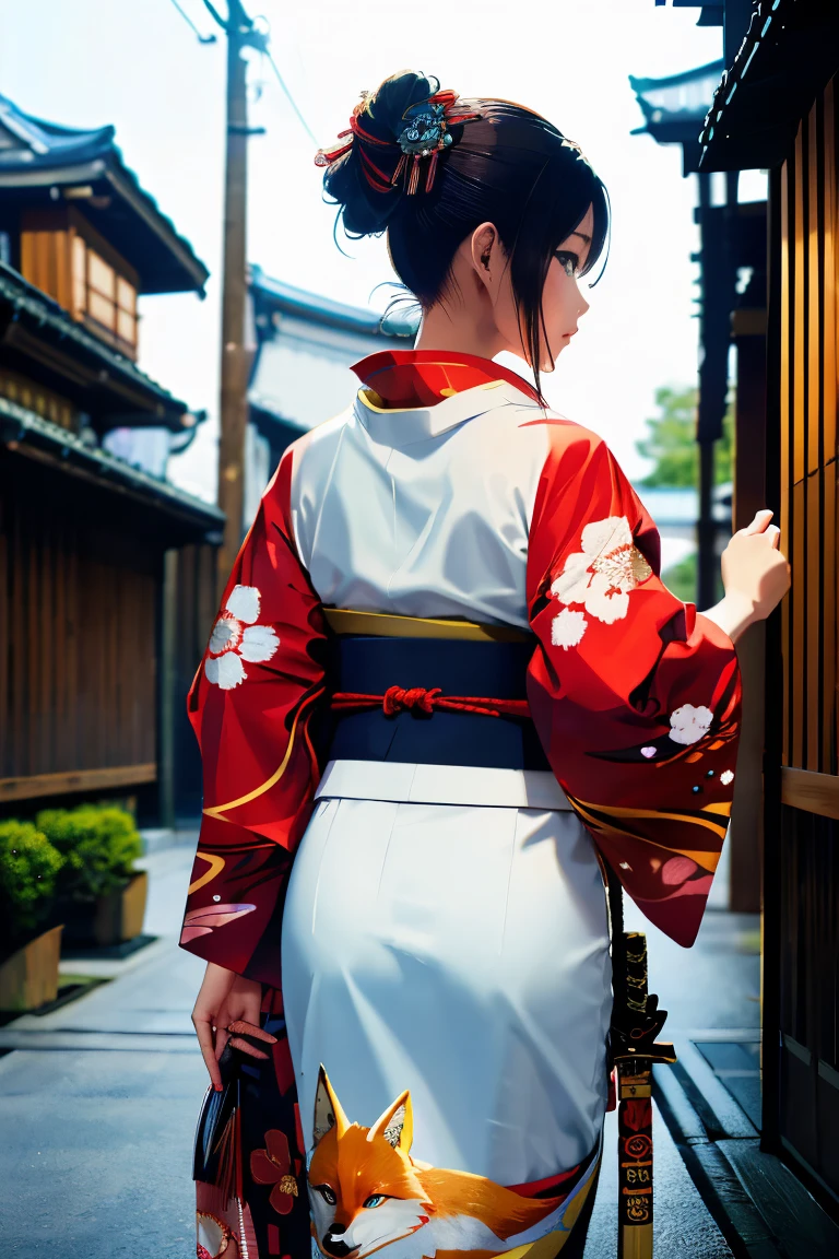 (((Looking away:1))), ((Look at another one:1)), fox incarnation、Sexy Female Warrior、Japan Yokai、Sexy fox female warrior with a Japanese sword、Fox ears、A figure holding a beautiful sword、(Transparent kimono)、