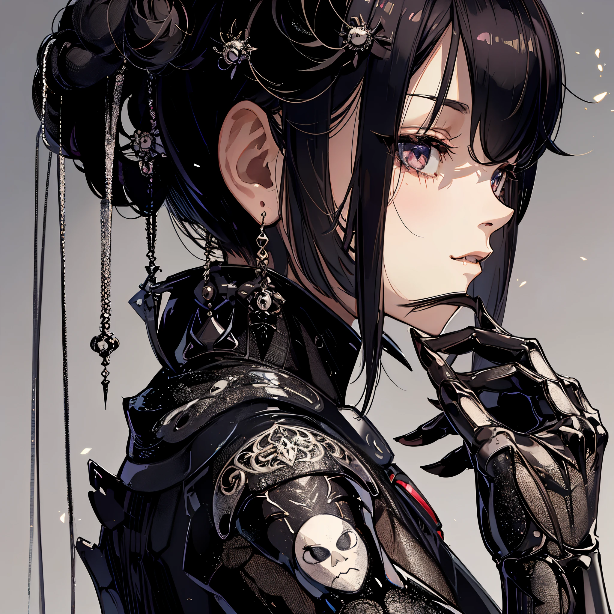 A woman wearing cyber-style Japanese clothes. She is embroidered with spider webs. Her big spider dangles. Armor nail.