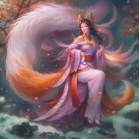 nine tail fox，this mysterious legendary creature，from ancient chinese mythology，there are nine tails，change image，often depicted...