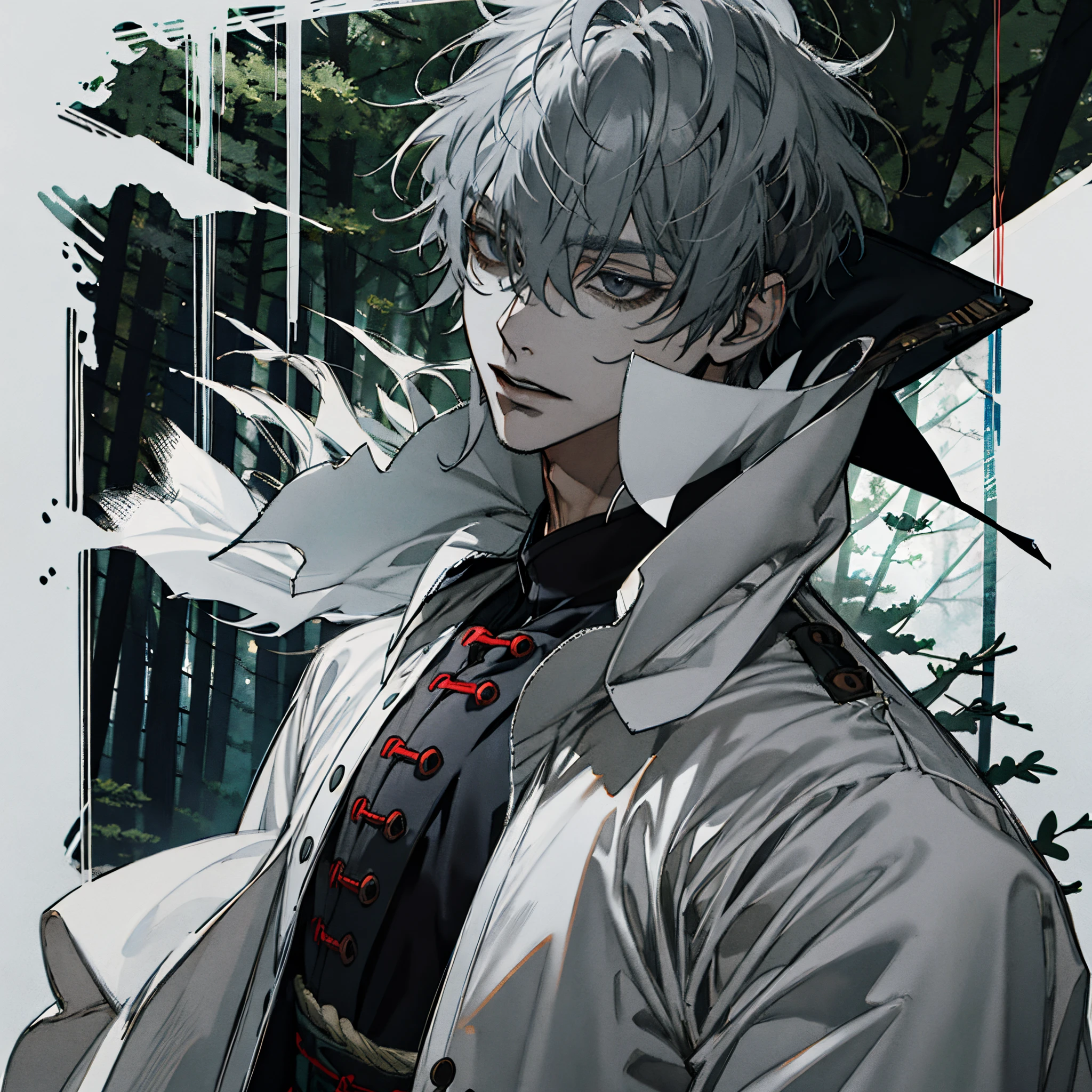 Masterpiece, best quality, high quality, ultra detailed, 1 boy, gray hair, gray eyes, forest, samurai, clothing with elements of fluffy, reference, Anime boy, digital sketch, highest quality digital art, shogun