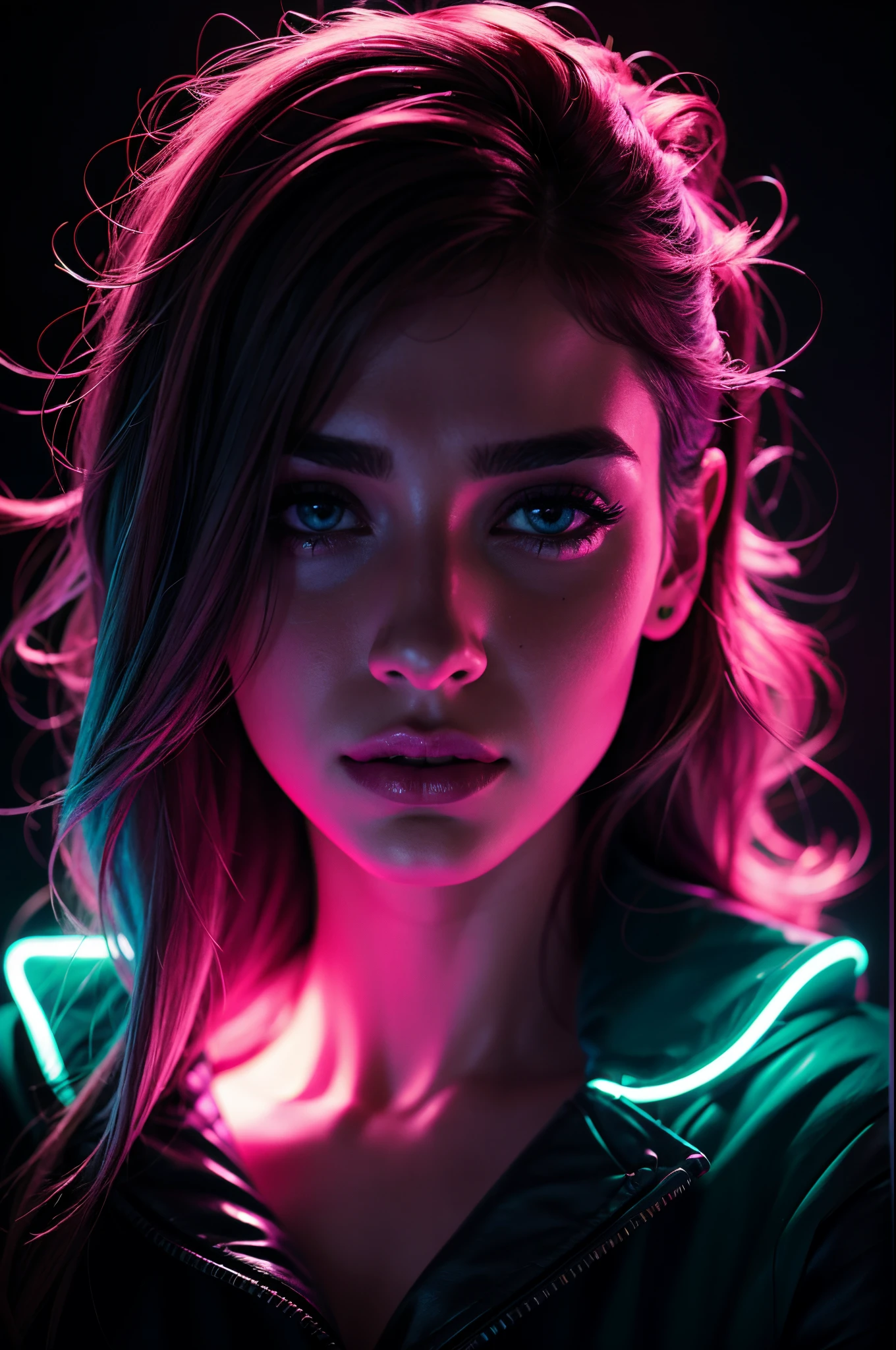 fashion portrait color photograph, woman, neon lights