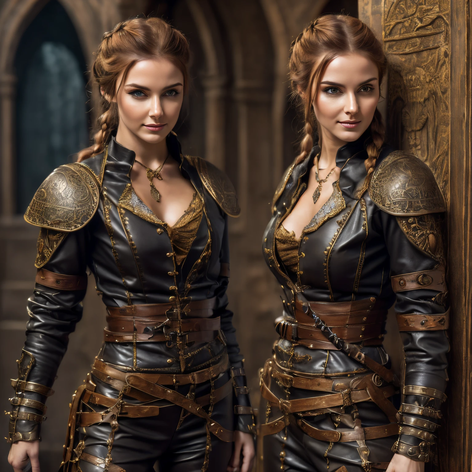 1woman, masterpiece, best quality, 8k, detailed skin texture, detailed cloth texture, beautiful detailed face, determined expression, intricate details, ultra detailed, a european woman, green eyes, auburn hair in a french side braid, 3D character, Medieval woman, full body side view, smaller breasts, 1 woman, Medieval woman, wearing fitted studded leather medieval jacket and pants, leather armor, medieval female warrior, very beautiful warrior woman, female character with a determined look with a playful smirk, female warrior, fantasy adventurer character, very beautiful woman top model, detailed matte medieval fantasy, beautiful female warrior, full body view from waist up