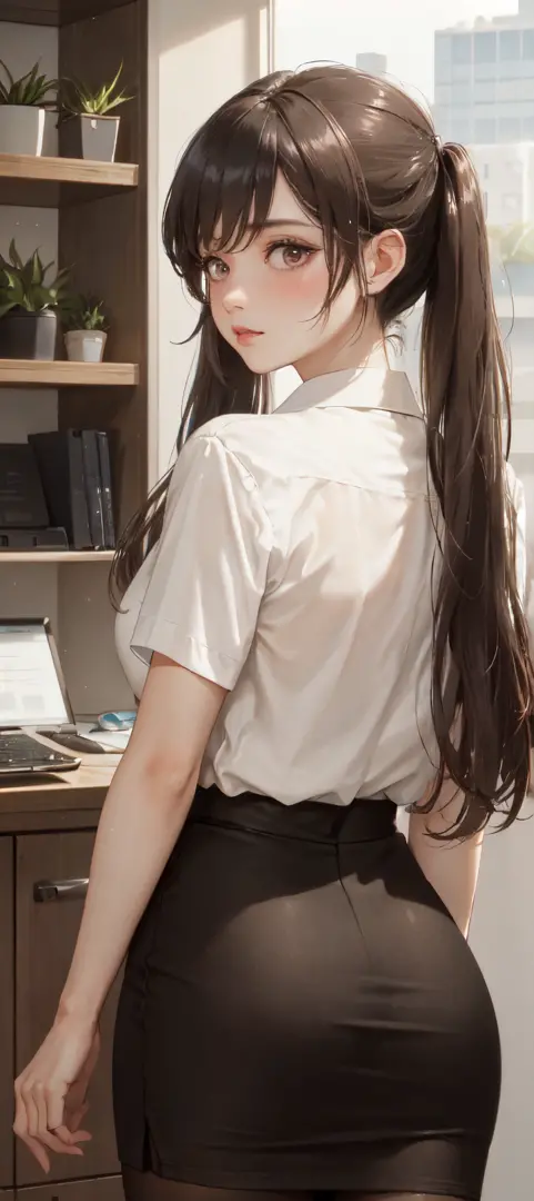 /(modern office indoors/), 1lady solo (looking back from behind), /(casual shirt pencil skirt beige/), /(brown pantyhose/), /(black hair/) bangs, blush, (masterpiece best quality:1.2) ultra-detailed