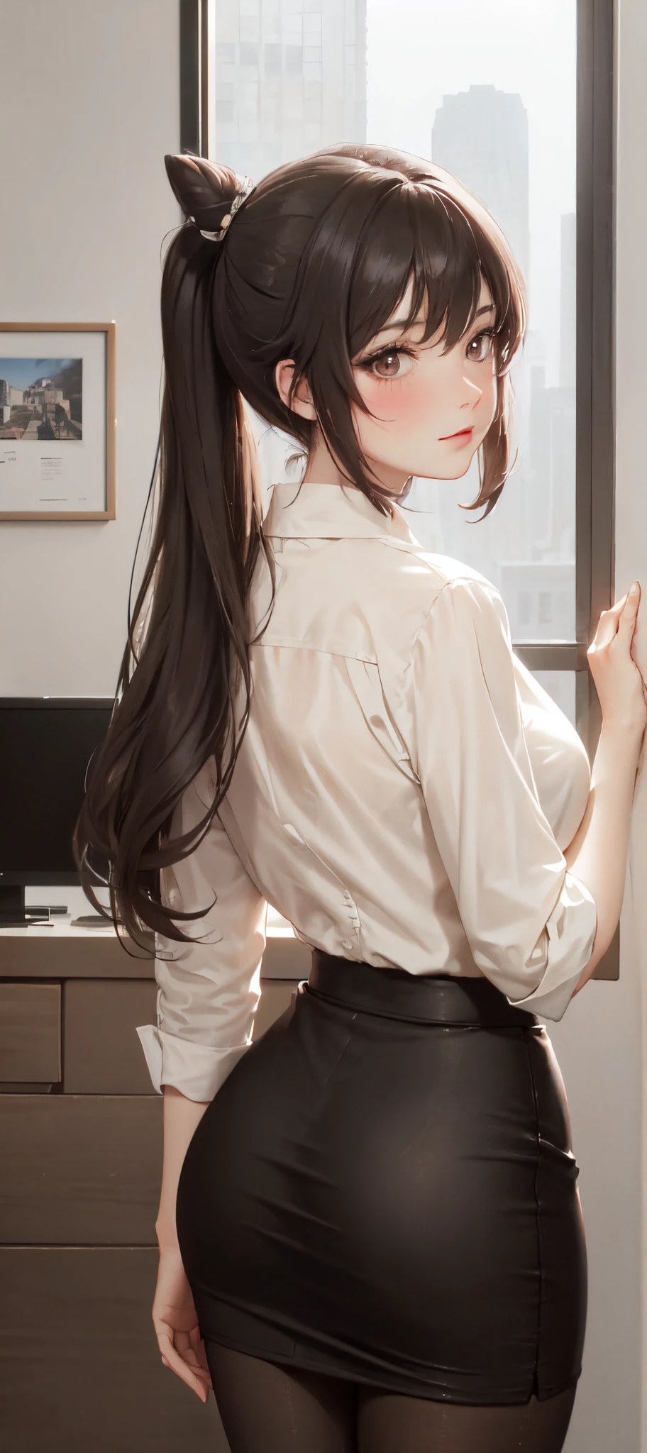 /(modern office indoors/), 1lady solo (looking back from behind), /(casual shirt pencil skirt beige/), /(brown pantyhose/), /(black hair/) bangs, blush, (masterpiece best quality:1.2) ultra-detailed