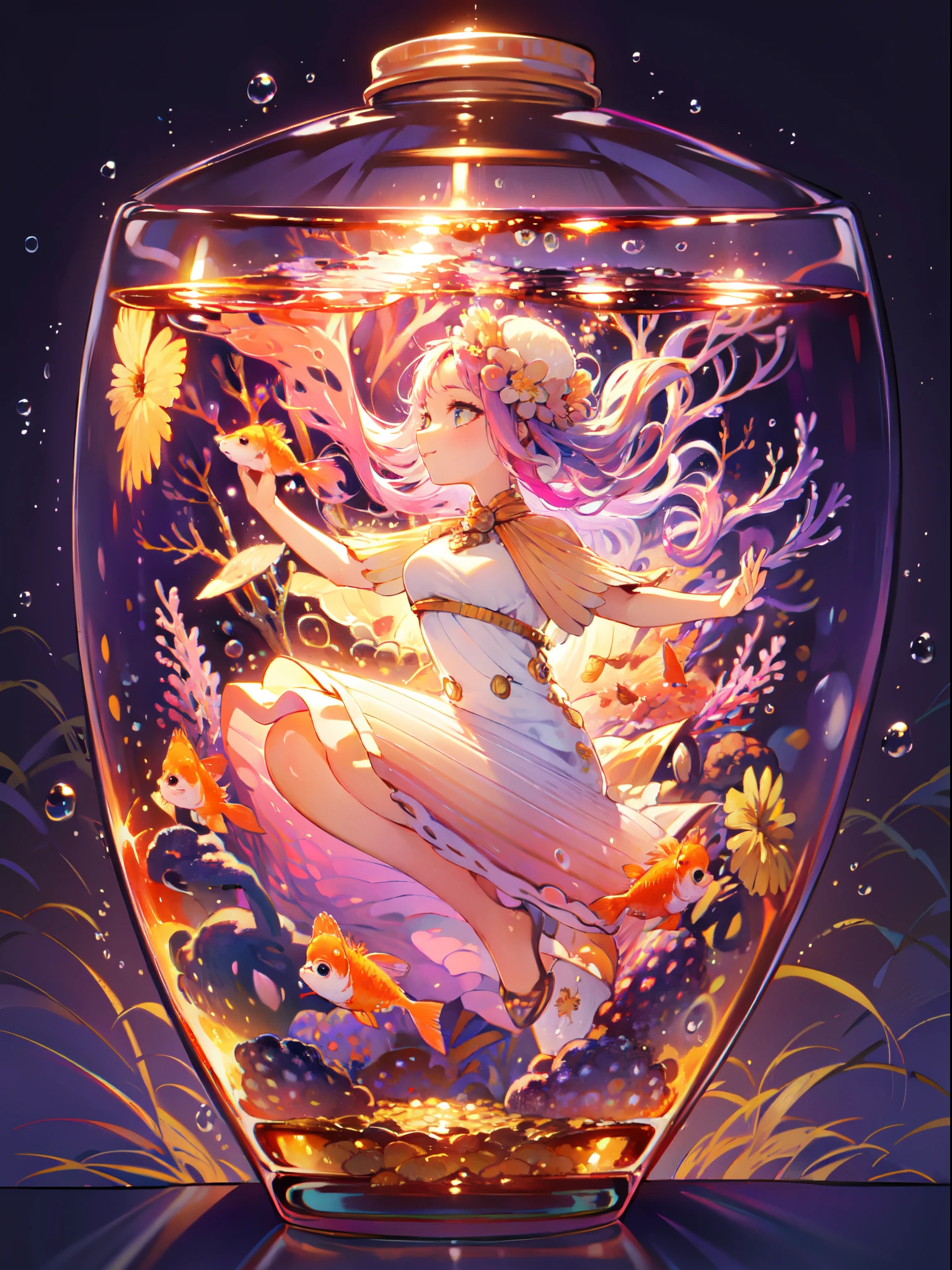 perfect eyes:1.2, detailed eyes:1.4, pineapple, smile, air bubble, (masterpiece:1.6, best quality), phgls, /bottle, in container, (finely detailed beautiful eyes: 1.2), 1girl, solo, Very many goldfish，big breasts, tentacles, purple hair, pink hair, gradient hair, underwater, floating hair