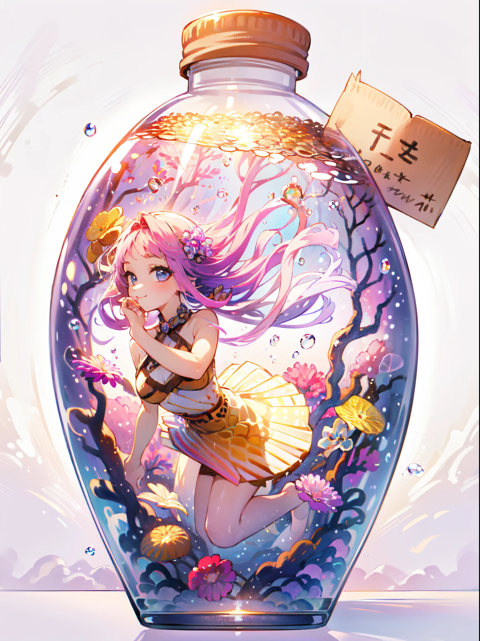 perfect eyes:1.2, detailed eyes:1.4, pineapple, smile, air bubble, (masterpiece:1.6, best quality), phgls, /bottle, in container, (finely detailed beautiful eyes: 1.2), 1girl, solo, Very many goldfish，big breasts, tentacles, purple hair, pink hair, gradient hair, underwater, floating hair