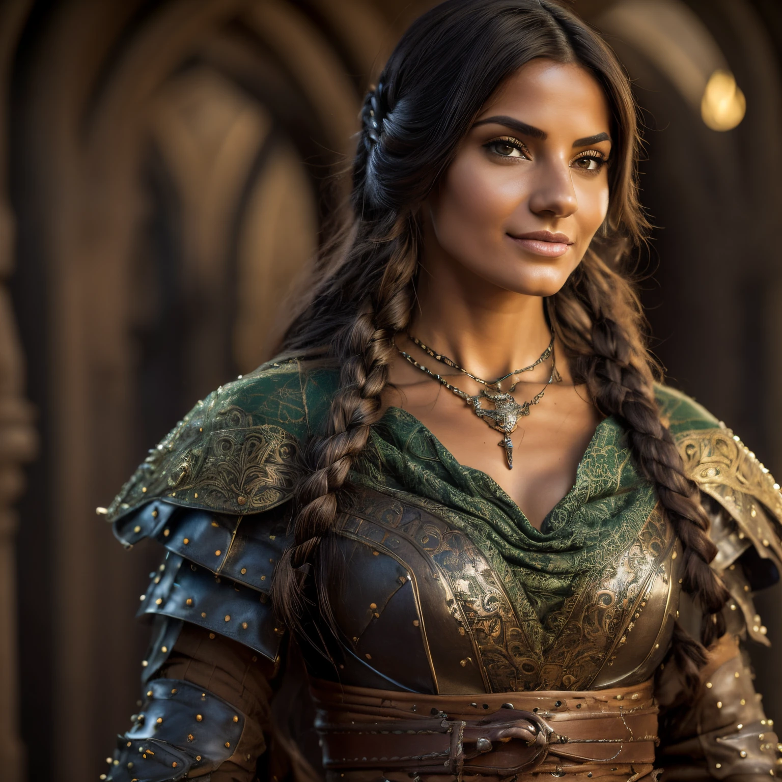 1woman, masterpiece, best quality, 8k, detailed skin texture, detailed cloth texture, beautiful detailed face, determined expression, intricate details, ultra detailed, a woman with a darker tan arabic skin tone, green eyes, dark brown hair in a french side braid on left side, 3D character, Medieval woman, full body side view, smaller breasts, 1 woman, Medieval woman, wearing detailed fitted full torso studded leather armor, no cleavage, full protection, a female warrior, medieval female warrior, very beautiful warrior woman, female character with a determined look with a playful smirk, female warrior, fantasy adventurer character, very beautiful woman top model, detailed matte medieval fantasy, beautiful female warrior, full body view from her waist up