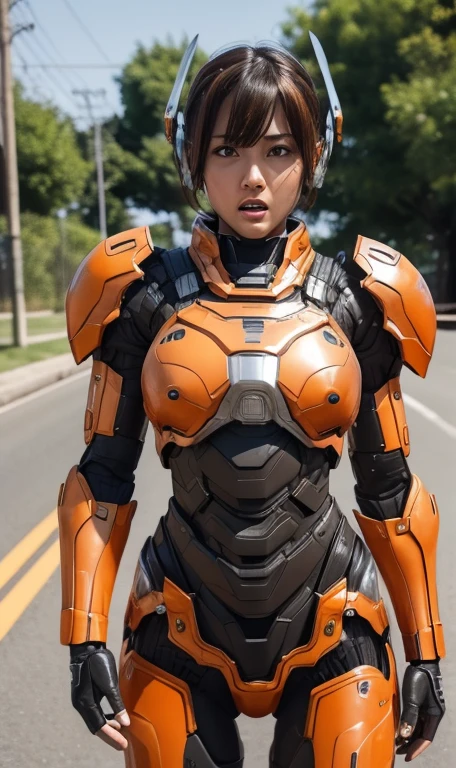 Textured skin, Super Detail, high details, High quality, Best Quality, hight resolution, 1080p, hard disk, Beautiful,(War Machine),beautiful cyborg woman,Orange and black mecha cyborg girl,Battle Mode,Girl with a Mecha Body(orange and black),She wears a futuristic war machine weapon mech、Very Shorthair、Brown eyes、Sweaty face、Frightened look、　Opening Mouth