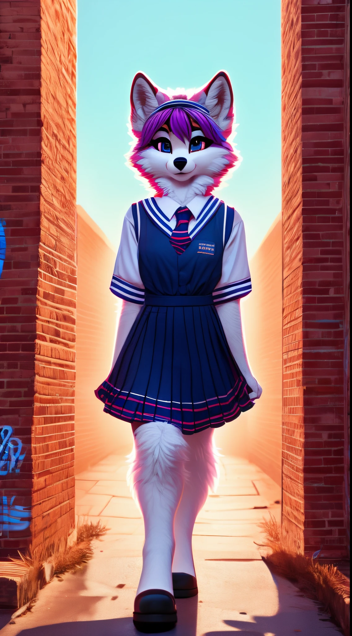 A unique and diverse prompt that showcases a furry girl wearing a school uniform, standing in front of a vibrant graffiti-covered brick wall. The AI platform should render the girl with soft, fluffy fur and the  with intricate details, while the brick wall is depicted with bold and colorful strokes.