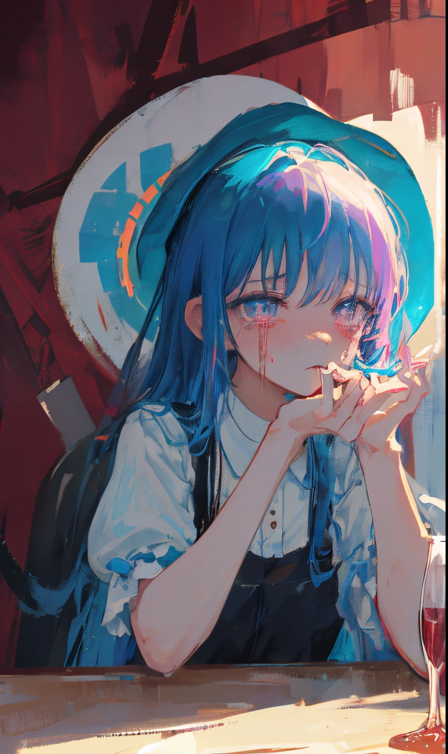 Anime girl with blue hair and a hat sitting at a table - SeaArt AI