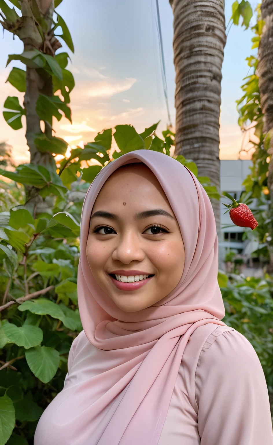 Masterpiece:1.2, high quality, best quality, high resolution, detailed, hyper realistic, 1 malay girl, wear baju kurung, big breast, bright short white hair, brown eyes, head tilt, sunset, birds flying, strawberry plant, Portrait, smile, showing teeth,  (detailed face), ((sharp focus)), ((face)), upper body, mid shot portrait,