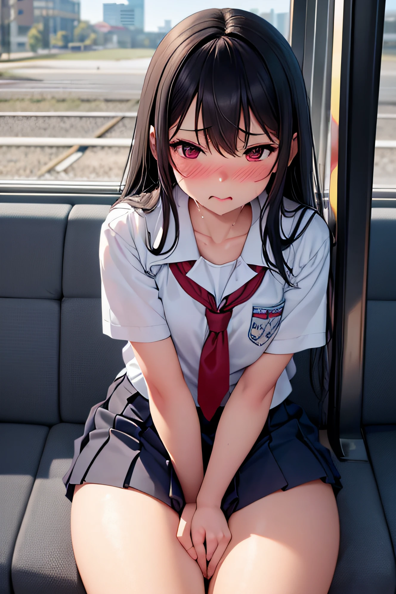 Anime girl sitting on a bus seat with her legs crossed - SeaArt AI