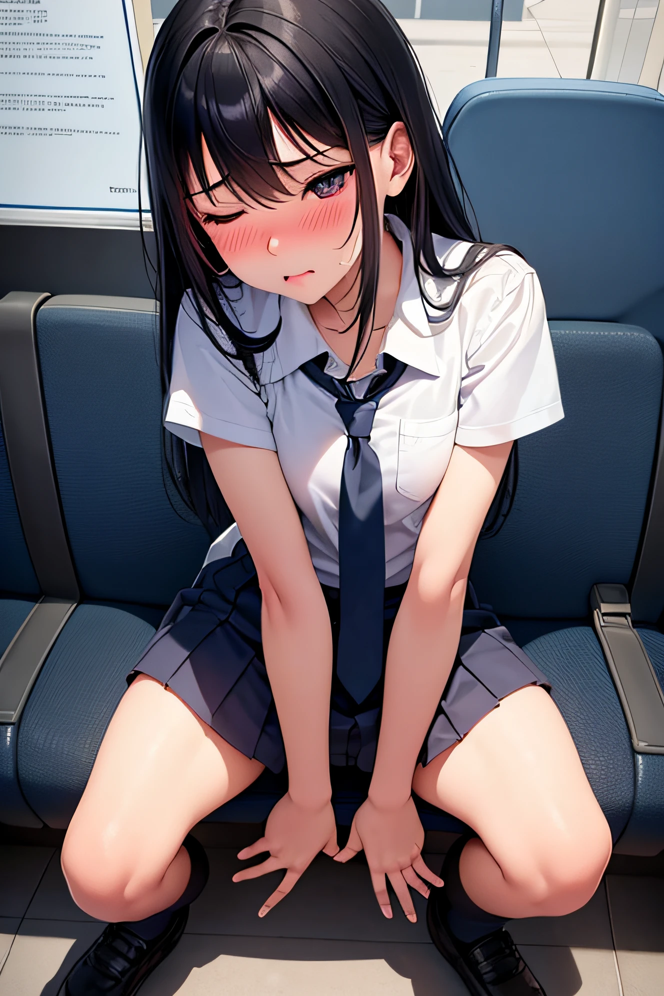 Anime girl sitting on a bench with her hands on her knees - SeaArt AI