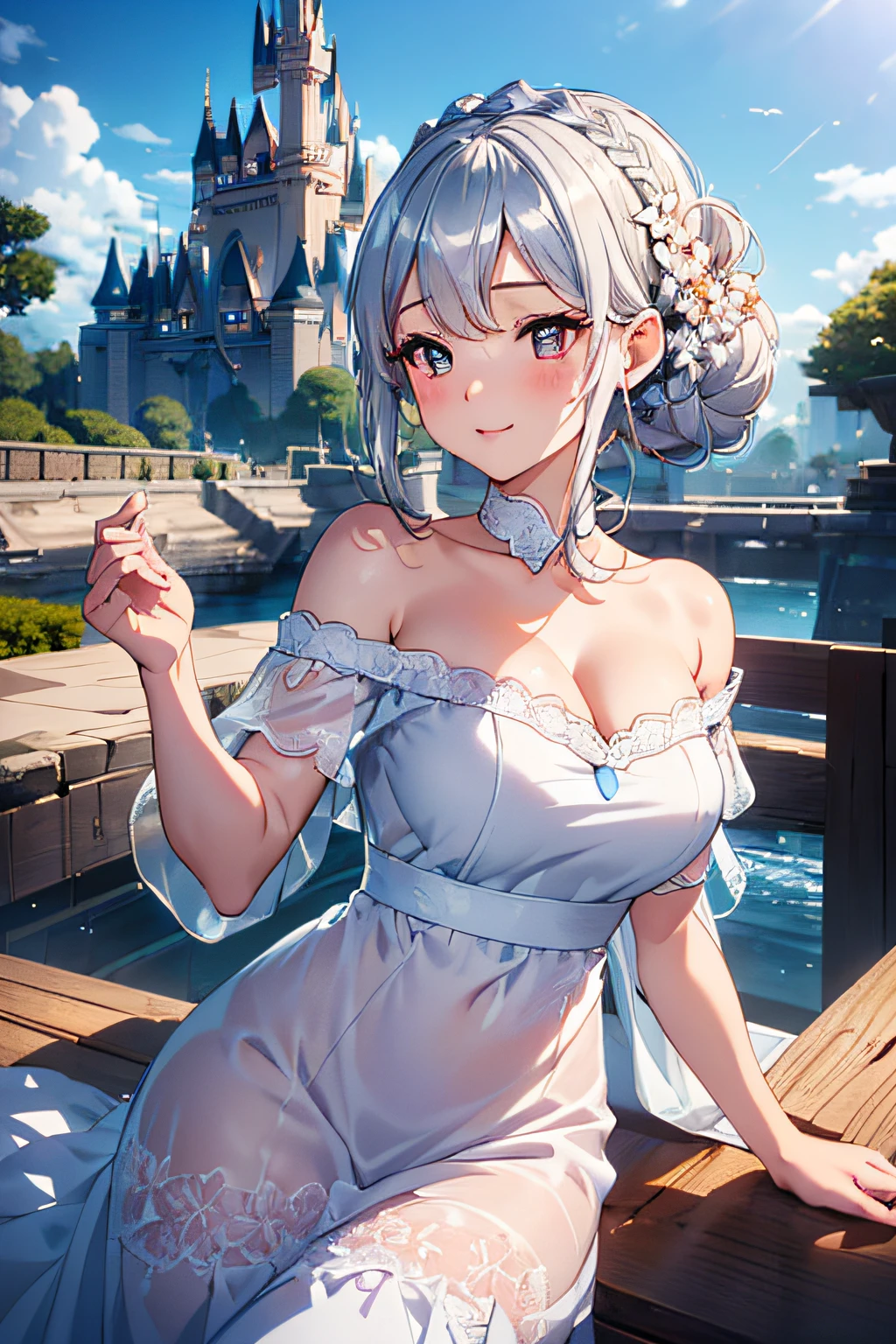 (ukiyoe painting:1.3),(3D Animation:1.3),(Grimm fairy tale world),(Aschenputtel,Cinderella,princess covered in ash:1.3),(Cinderella's Castle in the background:1.3),(((lace off shoulder white dress))),.(Make the subject look three-dimensional with the contrast of light and shadow),Cute and beautiful girl,Cute round face,Cute smile,with blush cheeks,Red Lip,(silver white hair,Floral braided headband,half up、Floral Braided Space Van,Voluminous Fishtail Braids,Twisted chignon,),(Bangs are see-through bangs),hair pin,hair adornments,detailed clothes features,Detailed hair features,detailed facial features,(Dynamic angles),(Dynamic and sexy poses),profetional lighting,Cinematic Light,(masutepiece,top-quality,Ultra-high resolution output image, depth of fields,) ,(The 8k quality,depth of fields,Anatomically accurate facial structure,),(Sea Art 2 Mode:1.3),(Image Mode Ultra HD,)