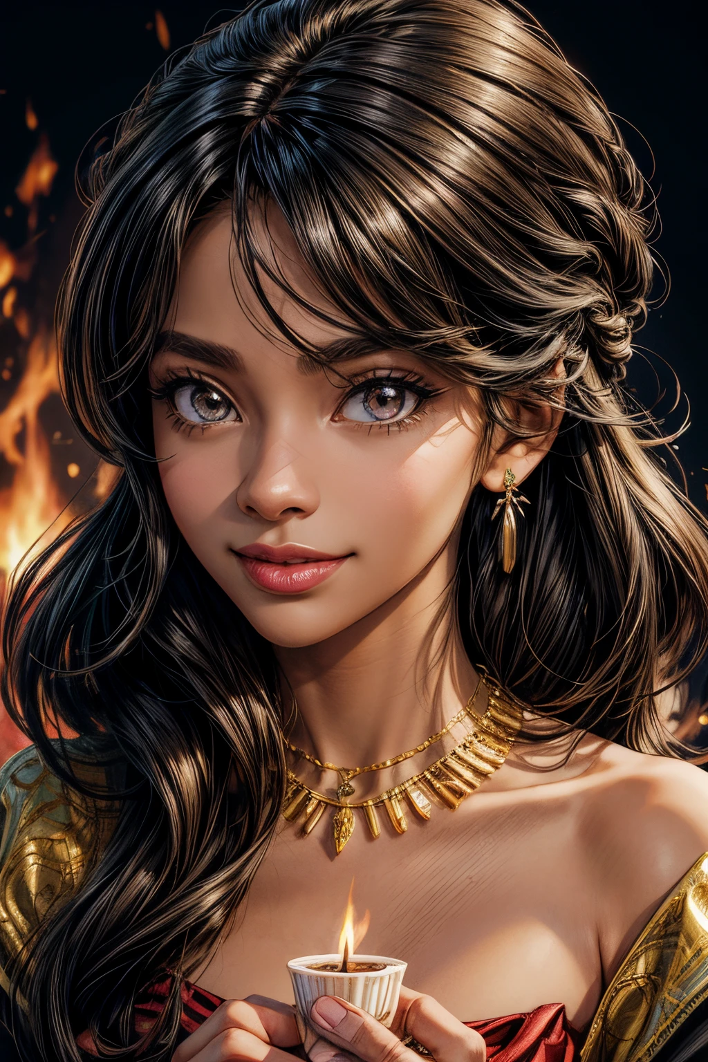 Masterpiece, Best quality, Pandreo Fe, only, Looking at viewer, Smile, a melanin black woman, hair between eyes, jewelry, Upper body, Female focus, Earrings, Fire, paper