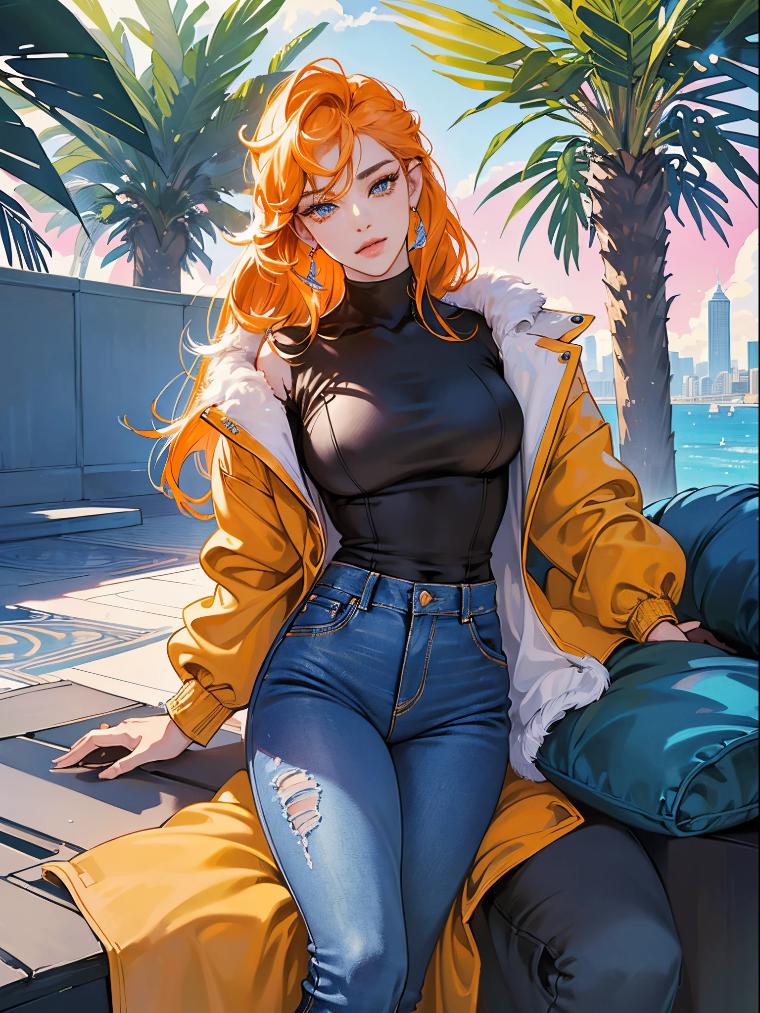 Orange and Indigo Keynote Speech、Vibrant colors、((​masterpiece)))、(((top-quality)))、((ultra-detailliert))、(A hyper-realistic)、(highly detailed CGillustration）、Official art、CD cover、urbane、City Pop、Palm trees、seaside、Long Black Hair、It will be、Cool feeling、Mid summer、Stylish、glorious 1980s、Cool Beauty、cochetti gorgeous、matchless beauty、jaket、jeans、Female Solo、Perfect Angle、perfect-composition