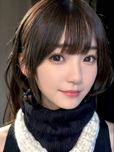 1 japanese girl,(Black sweater:1.4),(She wears a knitted snood around her neck to hide her chin..........:1.5), (Raw photo, Best...