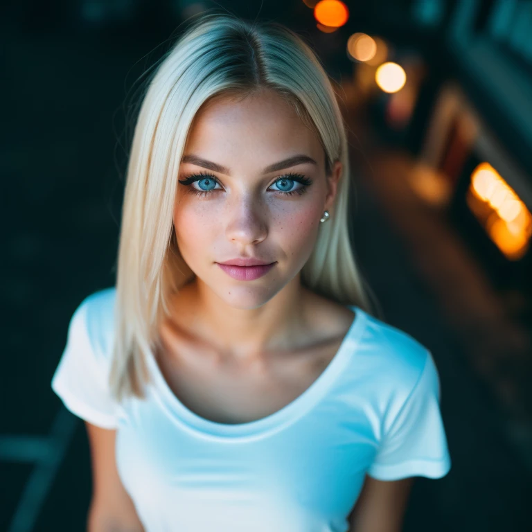 (selfie, top view: 1.4), (straight half of the body: 1.4), RAW UHD portrait photo of a 2 blonde (light blue-eyed woman) walking down a dark alley, large breasts,, city at night, (white crew neck t-shirt skirt), (neckline), details (textures! , hair! , glitter, color!! , disadvantages: 1.1), glossy eyes with high detail (looking at the camera), SLR lighting, SLR camera, ultra-quality, sharpness, depth of field, film grain (center), Fujifilm XT3, crystal clear, frame center, beautiful face, sharp focus, street lamp, neon lighting, bokeh (dimly lit), night, (night sky), detailed skin pores, oily skin, sunburn, complex eye details, full body, large breasts