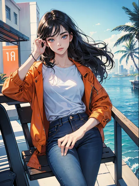 Orange and Indigo Keynote Speech、Vibrant colors、((​masterpiece)))、(((top-quality)))、((ultra-detailliert))、(A hyper-realistic)、(highly detailed CGillustration）、Official art、CD cover、urbane、City Pop、Palm trees、seaside、Long Black Hair、It will be、Cool feeling、...