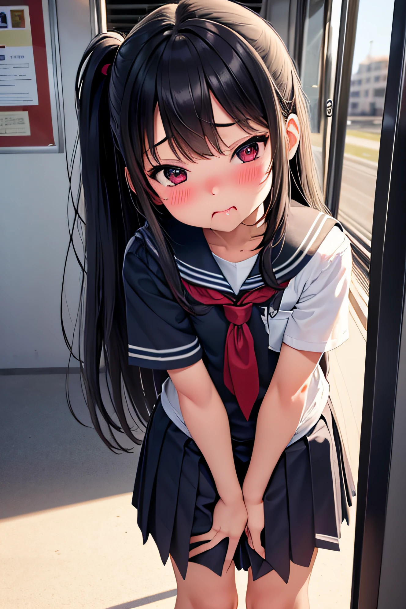 Anime girl with long black hair and red eyes standing in front of a train -  SeaArt AI