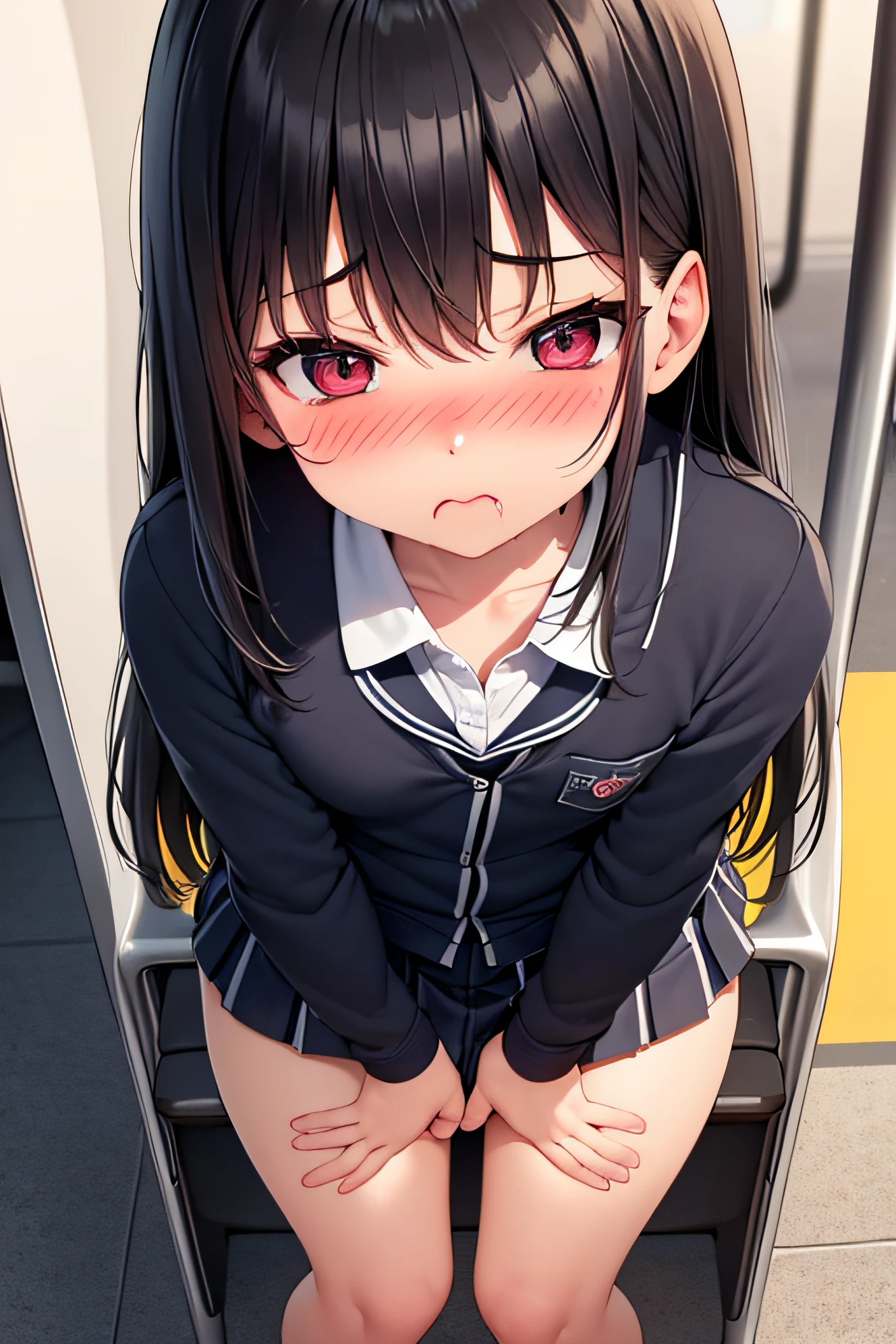 Anime girl with long black hair and pink eyes standing on stairs - SeaArt AI