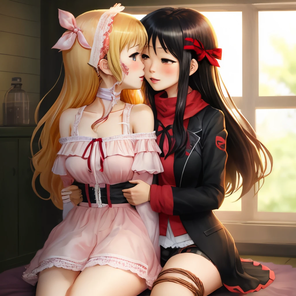 Anime girl with long hair and a red bow hugging another girl - SeaArt AI