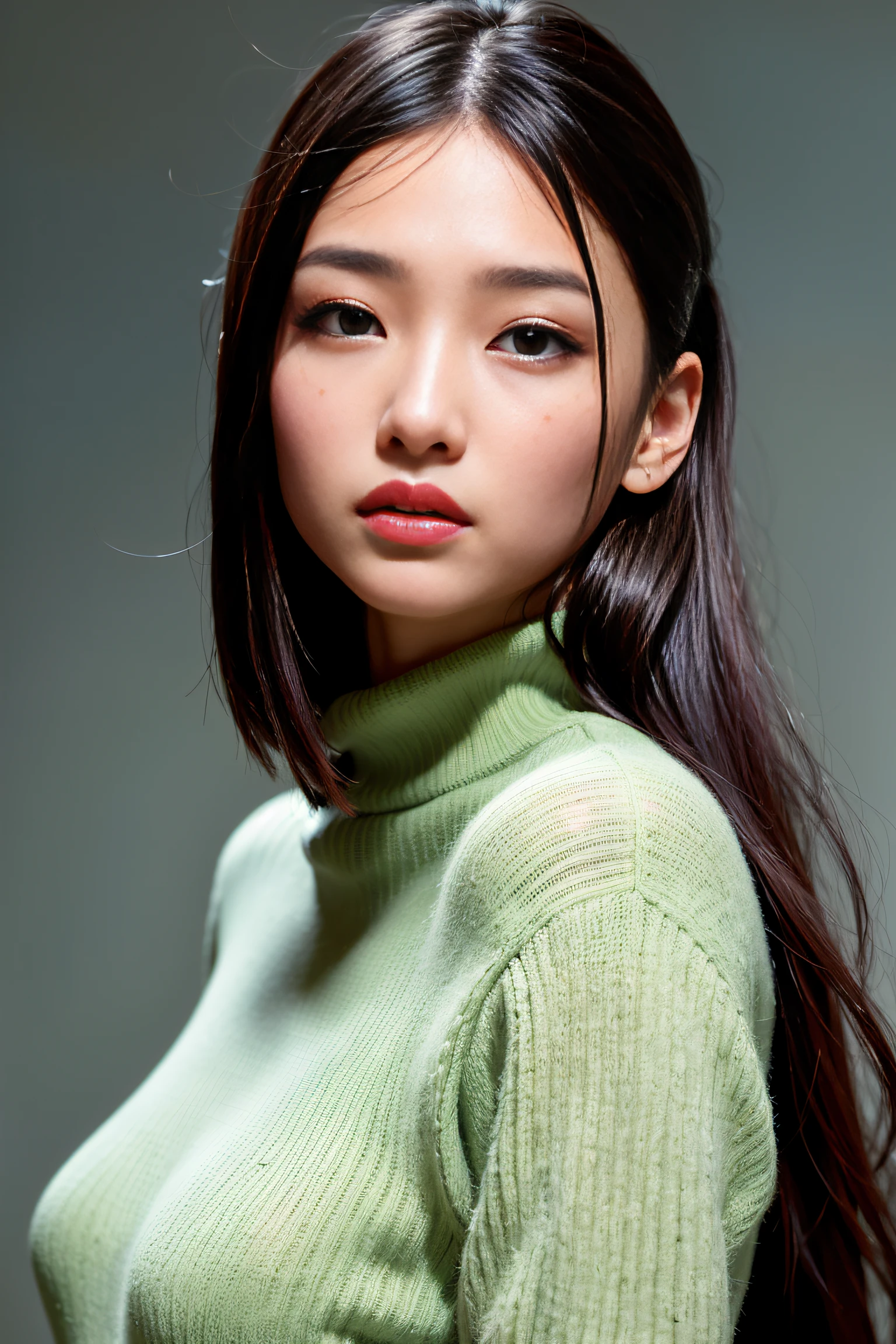 photo de modèle、extrait du film、Fille asiatique de 20 ans debout、La partie supérieure du corps、(œil au beurre noir:1.3)、beau visage、Un visage détaillé、lèvres rouges、Lèvres mouillées、Enchantant、Un sexy、lèvres ouvertes、parfaitement proportionné、gros seins、cheveux mi-ondulés、(pull vert à col roulé)、douce lumière naturelle、dans la nuit noire、((chef d&#39;oeuvre))、(qualité supérieure) )、(haute résolution)、Photos couleur RAW très détaillées、un très détaillé、Photoréaliste、réaliste、incroyablement absurde、un très détaillé、netteté、、(Éclairage de studio professionnel)、(étalonnage professionnel des couleurs)、lumière de jante、éclairage dramatique、éclairage comme un film、Réflexes luminaux、douce lumière naturelle、Couleur tamisée、cartographie des photons、Ville Radio、、（de beaux yeux）、（Un œil détaillé）、（Un visage détaillé）、yeux symétriques、oeil de lynx、visage cool、