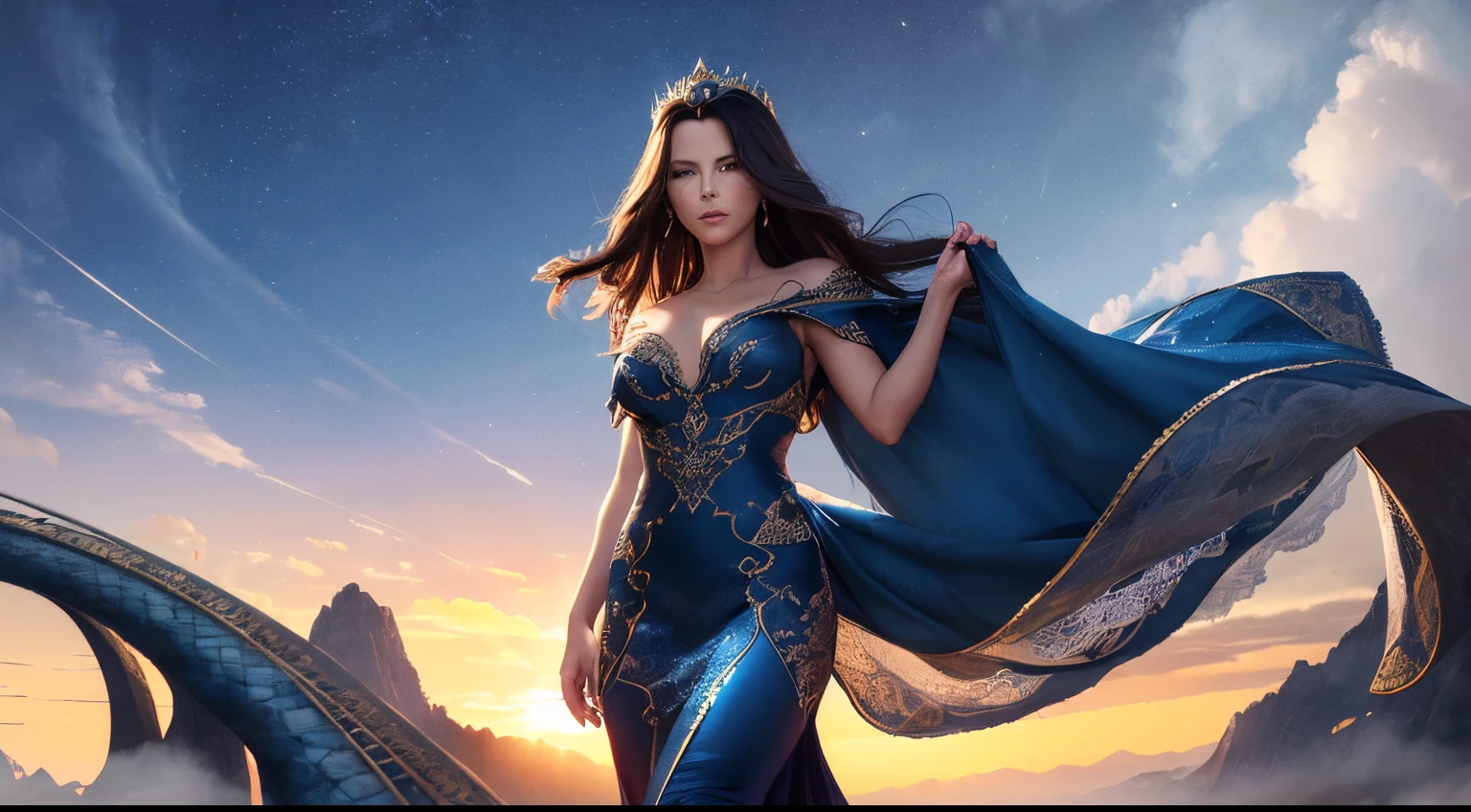 ((Mejor calidad)), ((obra-prima)), (detallado), Dragón emperatriz "Kate Beckinsale", ojos realistas, pelo negro, ojos azules, Senos pequeños, vestido de setin koreano sensual, paisaje malvado, belleza etérea, (ilustración de fantasía:1.3), mirada encantadora, pose cautivadora, solo chica, encanto sobrenatural, cielo místico, noche de Luz de Luna, colores suaves, (paisaje de nubes detallado:1.3), (alta resolución:1.2) (Dragón azul volando en el cielo) vestido, sobre una colina, Un ejército adentrándose en un cañón debajo..