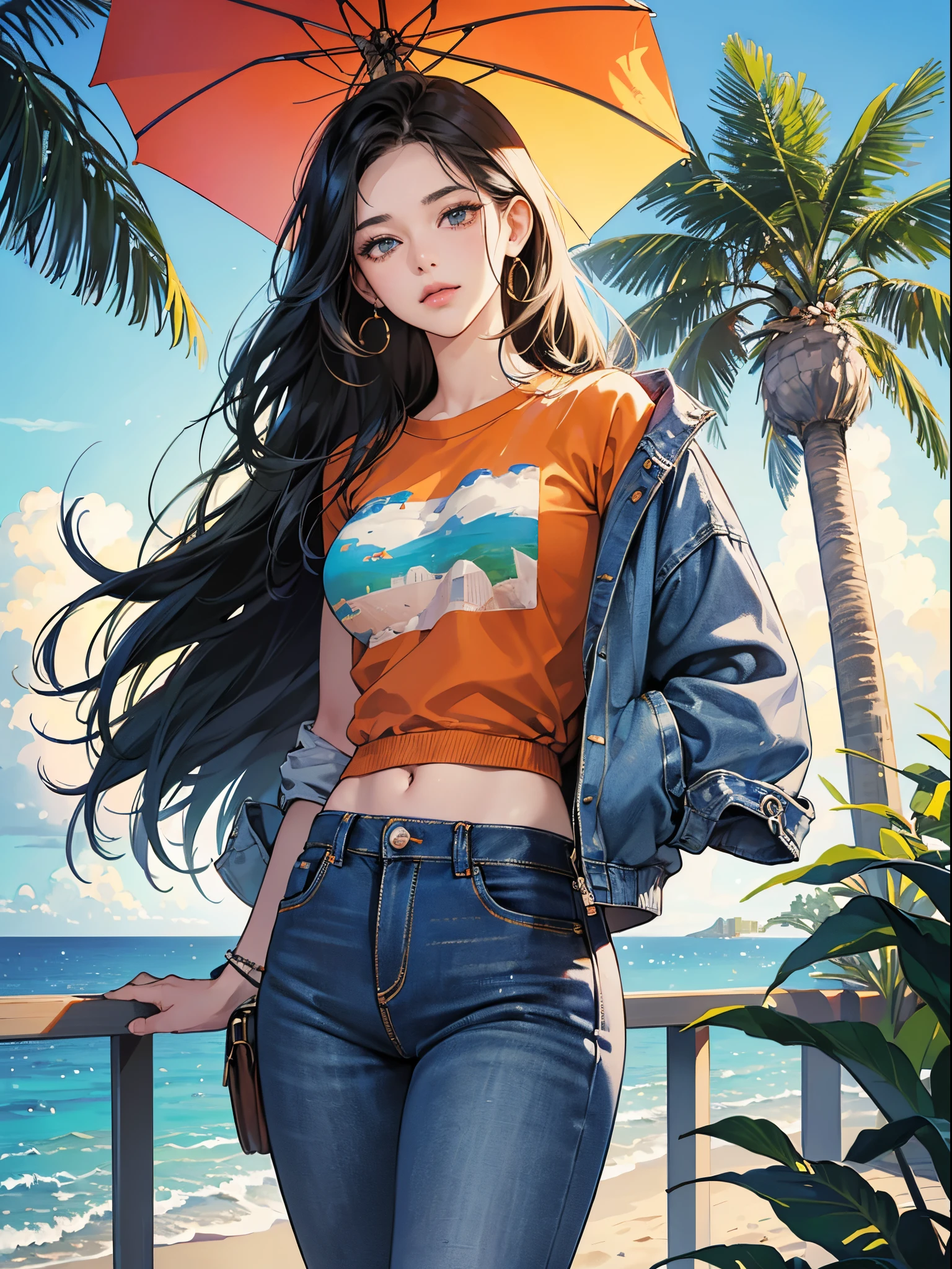 Orange and indigo keynotes、Vibrant colors、((​masterpiece)))、(((top-quality)))、((ultra-detailliert))、(A hyper-realistic)、(highly detailed CGillustration）、Official art、CD cover、urbane、City Pop、Palm trees、seaside、Long Black Hair、It will be、Cool feeling、Mid summer、Stylish、glorious 1980s、Cool Beauty、cochetti gorgeous、matchless beauty、jaket、jeans、Female Solo、Perfect Angle、perfect-composition、Face close-up