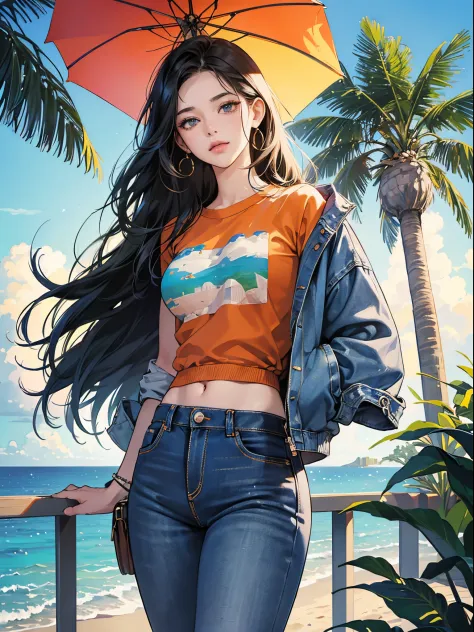 Orange and indigo keynotes、Vibrant colors、((​masterpiece)))、(((top-quality)))、((ultra-detailliert))、(A hyper-realistic)、(highly detailed CGillustration）、Official art、CD cover、urbane、City Pop、Palm trees、seaside、Long Black Hair、It will be、Cool feeling、Mid su...