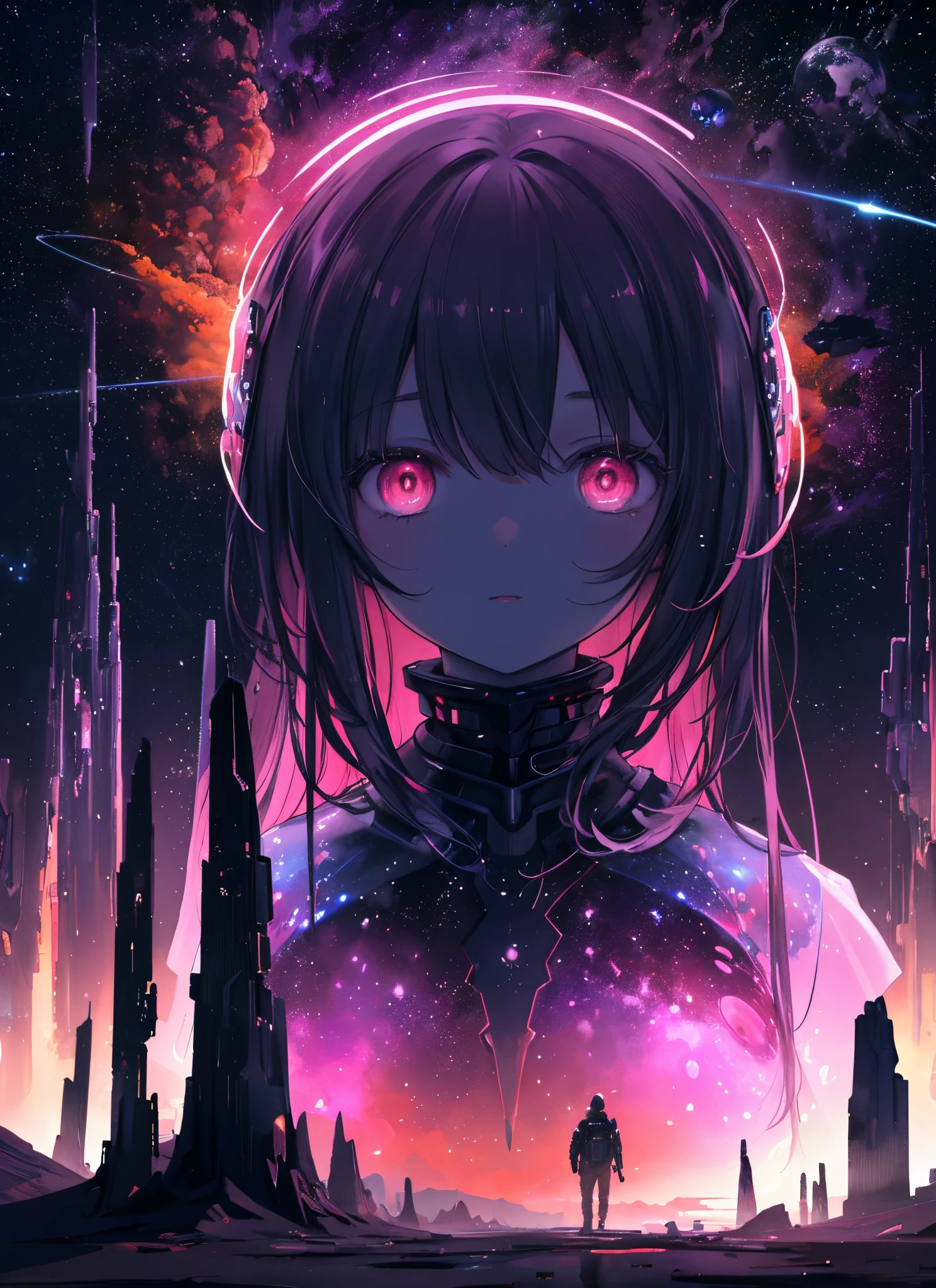 (Perfect masterpiece, best quality, best resolution, 
award-winning portrait, official art, photorealistic), otherworldly dark post apocalyptic planet, with swirling storm clouds of gas and shimmering shooting stars in the distance. The color schemes are intense psychedelic dreamlike cosmic atmospheric, with deep blues, oranges, and pinks creating a surreal atmosphere. In the foreground, strange and alien creatures roam the landscape, with tentacles and scales and glowing eyes. The scene captures the imagination and wonder of a sci-fi universe.