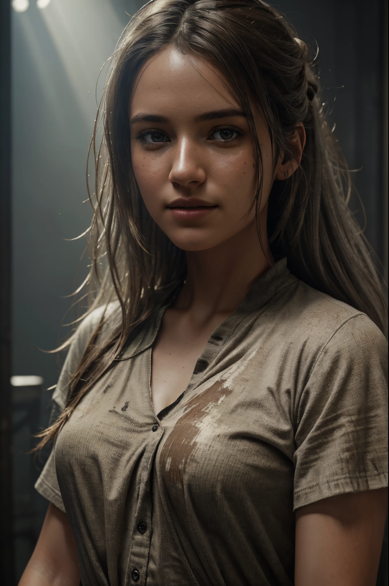 ultra 非常に詳細な 1200k An image of a humble and happy 20 year old woman in tattered work clothes and a blotchy face and tousled hair, hyper realistic ファンタジー写真 is all the rage on artstation, 明確な焦点, スタジオ撮影, WLOPとシルバーアイアート, 素晴らしい傑作, ファンタジーアート, ファンタジービジュアルキー, ファンタジー写真, 太陽光線, 映画照明, 美しい, 101Kの超高精細解像度, 3Dシェーディング, アンリアルエンジン5, SF, アートステーションでトレンド, フォーカスをシャープにする, スタジオ撮影, 複雑な詳細, 非常に詳細な, グレッグ・ラトコウスキー