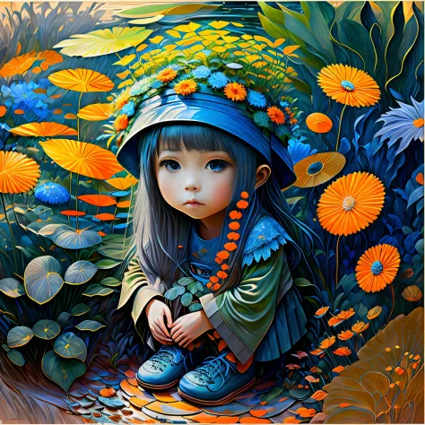 plant girl, monet, blue, orange, grey, ShoeAI (best quality,4k,8k,highres,masterpiece:1.2),ultra-detailed,(realistic,photorealis...