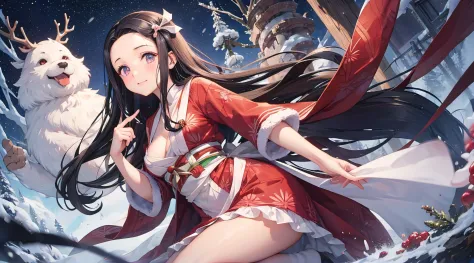 nezuko kamado,pose sexy,vestido de navidad,bosque nevado