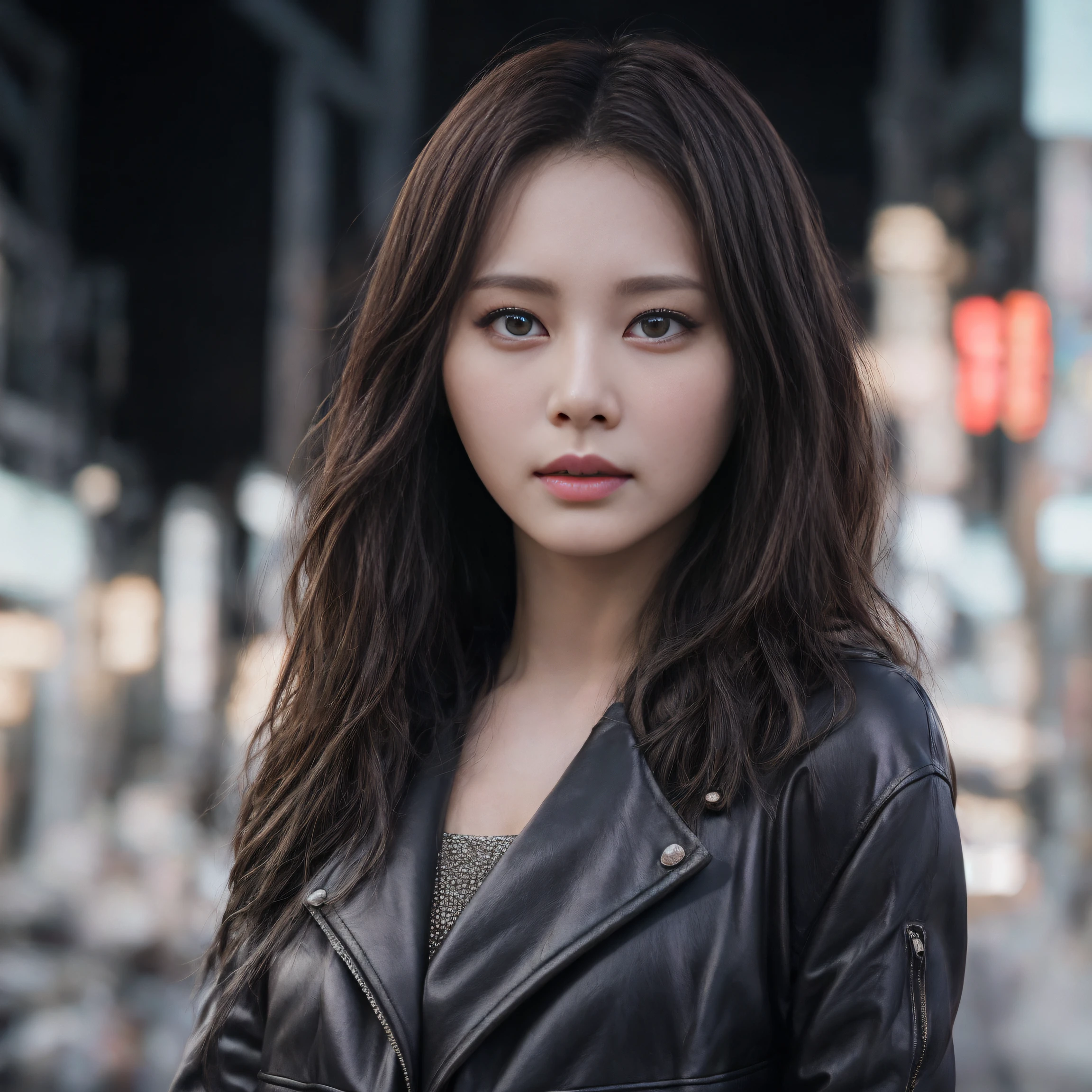 wearing leather jacket, hyper realistic lifelike texture dramatic lighting unreal engine trending on art station, award - winning photo, nikon RAW photo,8 K, Fuji XT3,masutepiece, Best Quality, Realistic, Photorealistic, Ultra-detail, extra detailed face, 独奏,1girl in, Standing, Fashionable and trendy atmosphere, High-end makeup products, and a stylish expression on her face, close up, T-shirt, Beautiful detailed girl, extremely detailed eye and face, beautiful detailed nose, Beautiful detailed eyes, Cinematic lighting, city light at night, Perfect Anatomy