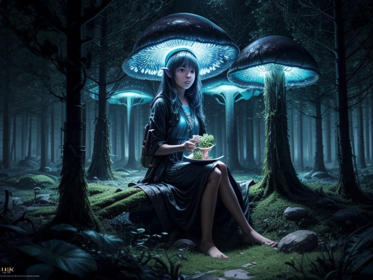 Una niña se sienta y almuerza en un bosque de hongos bioluminiscentes, Realista, luz cinemática, (mejor calidad,4k,8K,alta resolución,obra maestra:1.2), ultra detallado, colores vívidos, enfoque nítido, hdr, Representación basada físicamente, rayo de dios profesional, fractal art