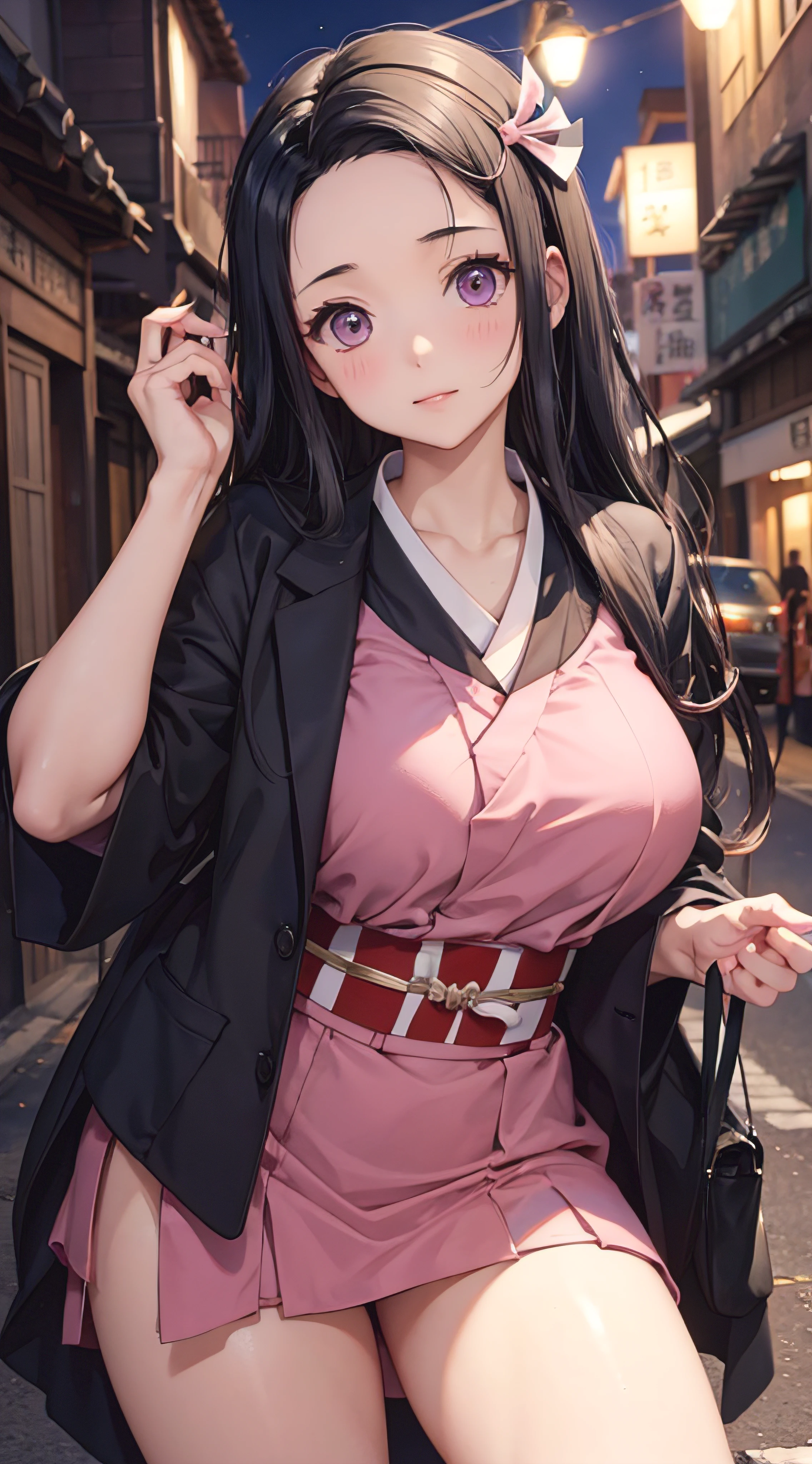 Anime girl in a pink dress posing on a street corner - SeaArt AI