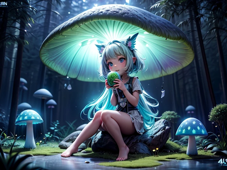 A girl sit and eat lunch in a bioluminescent mushroom forest, realistic, cinematic light, (best quality,4k,8k,highres,masterpiece:1.2), ultra-detailed, vivid colors, sharp focus, HDR, physically based rendering, professional god ray, fractal art